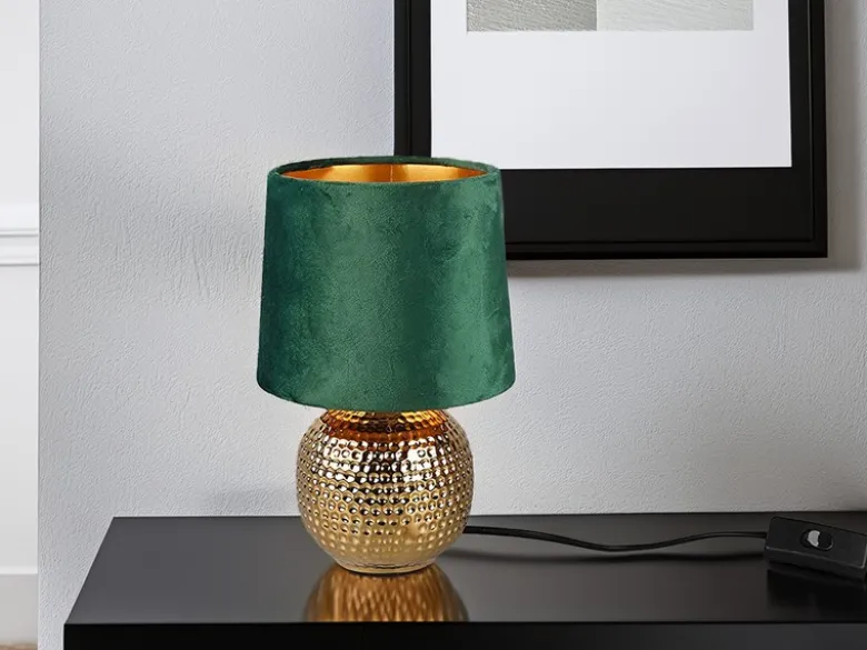 Tischleuchte SOPHIA Grün/Gold Keramikfuß Samtschirm, Höhe 26cm