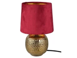 Tischleuchte SOPHIA mit Keramikfuß & Samtschirm Rot - Gold, Höhe 26cm