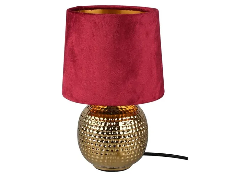 Tischleuchte SOPHIA mit Keramikfuß & Samtschirm Rot - Gold, Höhe 26cm