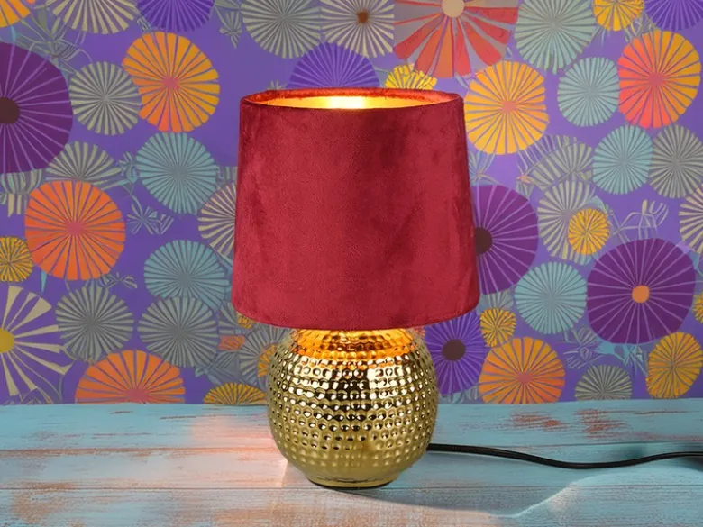 Tischleuchte SOPHIA mit Keramikfuß & Samtschirm Rot - Gold, Höhe 26cm