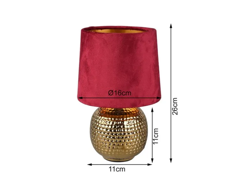 Tischleuchte SOPHIA mit Keramikfuß & Samtschirm Rot - Gold, Höhe 26cm