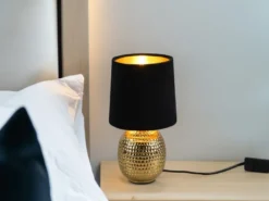 Tischleuchte SOPHIA mit Keramikfuß & Samtschirm Schwarz - Gold, Höhe 26cm