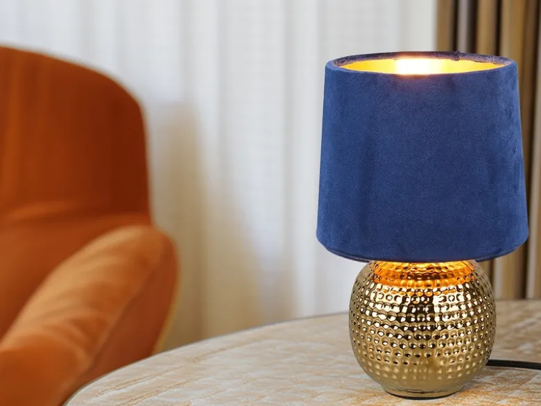 Tischleuchte SOPHIA mit Keramikfuß & Samtschirm Blau - Gold, Höhe 26cm