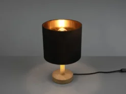 Tischleuchte Stoff Lampenschirm Schwarz/Gold & Holz Fuß, Höhe 34cm
