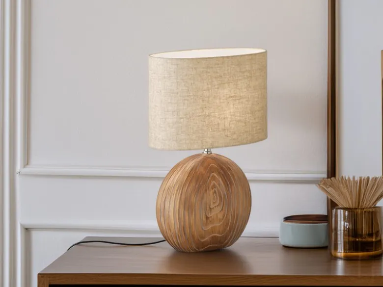 Tischleuchte TOBSE, Keramikfuß Holzfarben & Lampenschirm Leinen Beige, Höhe 53cm