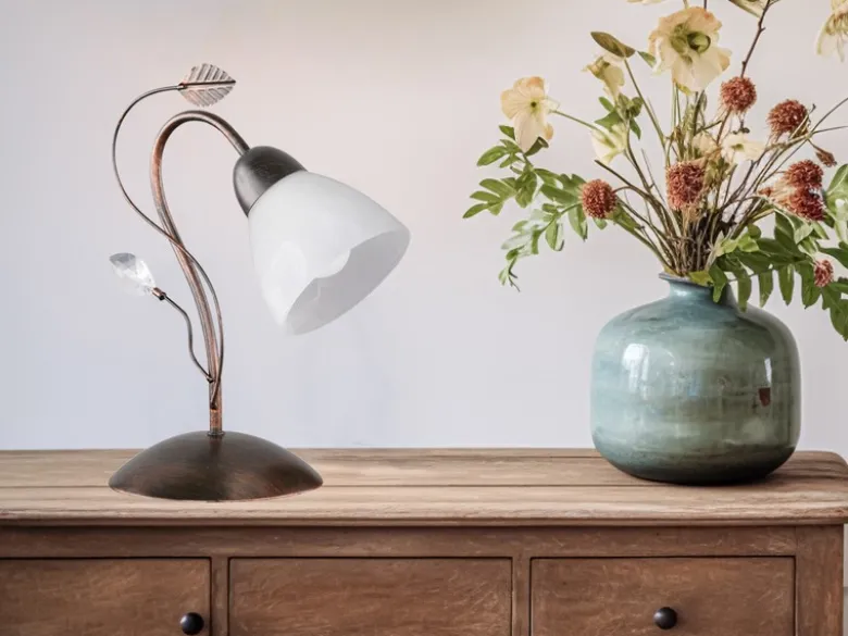 Tischleuchte TRADITIO in Rostoptik mit Blätter Deko, Höhe 32cm