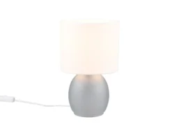 Tischleuchte VELA mit Glasfuß Grau und Stoffschirm Weiß, Höhe 29cm