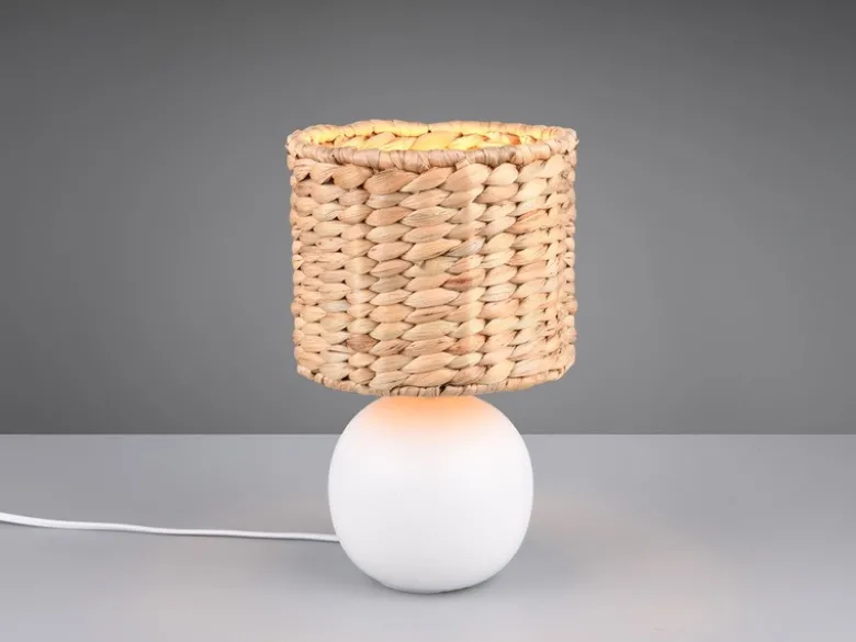 Tischleuchte VINA Keramikfuß Weiß mit Seegras Lampenschirm, Höhe 29cm