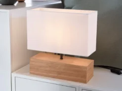 Tischleuchte WOODY Holzfuß mit Stoffschirm in Weiß, Höhe 30cm