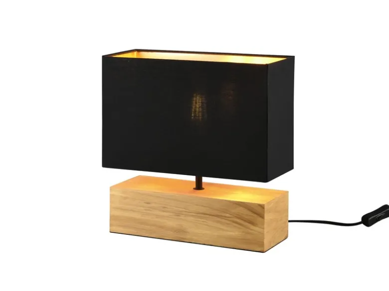 Tischleuchte WOODY Holzfuß Stoffschirm Schwarz/Gold, Höhe 30cm