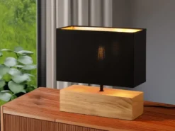 Tischleuchte WOODY Holzfuß Stoffschirm Schwarz/Gold, Höhe 30cm