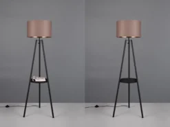 Tripod Stehleuchte COLETTE, Stoffschirm Taupe/Gold & Ablagetisch, Höhe 152cm