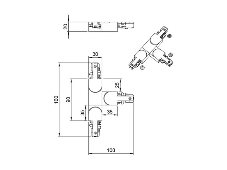 T-Verbinder Grau für 2-Phasen Schienensystem DUOline, Schutzleiter RECHTS