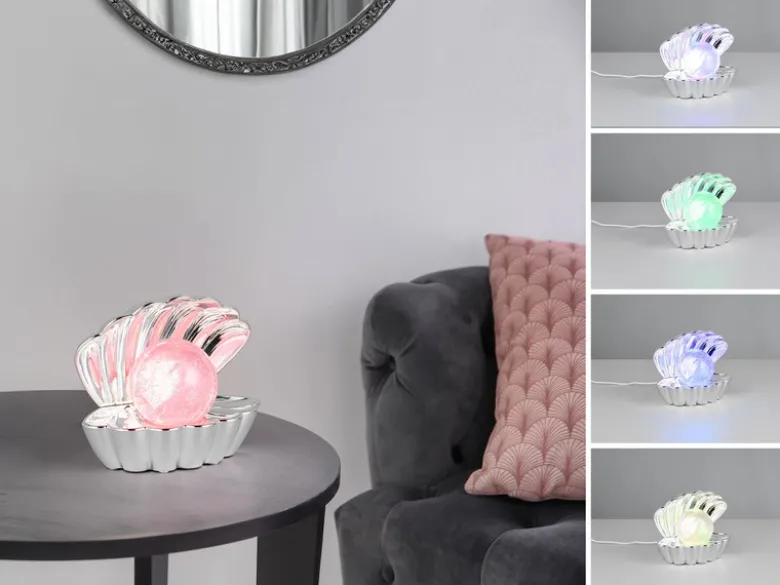 USB Muschel Tischlampe SHELLY Silber mit RGB Beleuchtung, Höhe 14cm