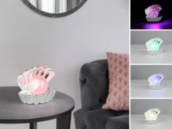 USB Muschel Tischlampe Silber Chrom mit RGB Beleuchtung, Höhe 14cm