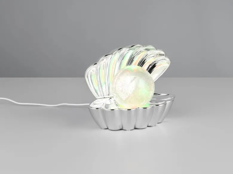 USB Muschel Tischlampe Silber Chrom mit RGB Beleuchtung, Höhe 14cm
