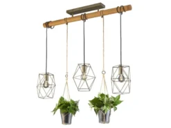 Vintage LED Balkenpendelleuchte 3-flammig mit Naturholz für Pflanzen