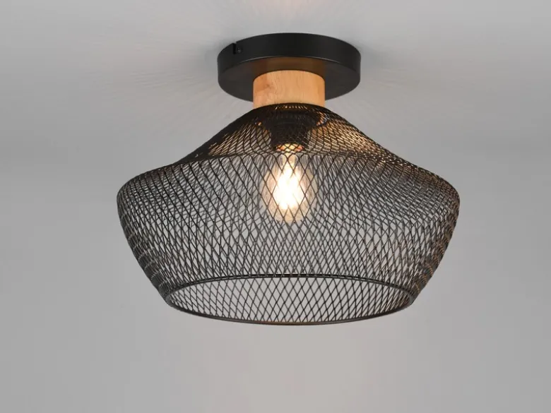 Vintage LED Deckenleuchte Drahtgeflecht Schwarz mit Holz Ø 35cm