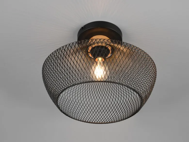 Vintage LED Deckenleuchte Drahtgeflecht Schwarz mit Holz Ø 35cm