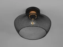 Vintage LED Deckenleuchte Drahtgeflecht Schwarz mit Holz Ø 35cm