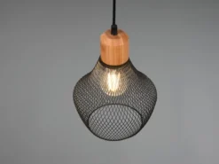Vintage LED Pendelleuchte Drahtgeflecht Schwarz mit Holz, Ø 18cm
