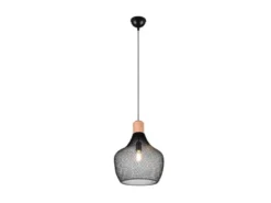 Vintage LED Pendelleuchte Drahtgeflecht Schwarz mit Holz Ø 33cm