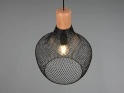 Vintage LED Pendelleuchte Drahtgeflecht Schwarz mit Holz Ø 33cm