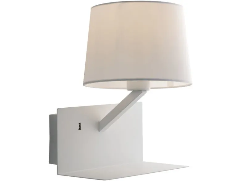Wandlampe CIAK Weiß mit Stoff Lampenschirm, USB Lampe mit Ladefunktion & Ablage