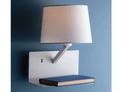 Wandlampe CIAK Weiß mit Stoff Lampenschirm, USB Lampe mit Ladefunktion & Ablage