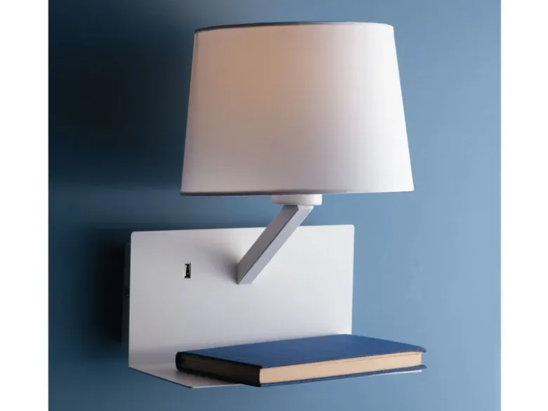 Wandlampe CIAK Weiß mit Stoff Lampenschirm, USB Lampe mit Ladefunktion & Ablage