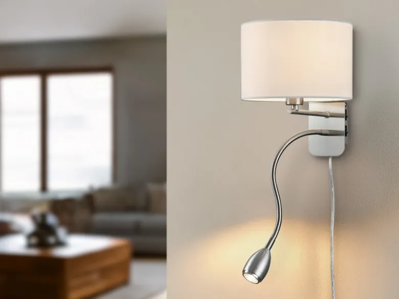 Wandlampe HOTEL mit Leselampe, Schalter & Stecker, Stoffschirm Weiß, Höhe 23,5cm