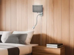 Wandlampe HOTEL mit Leselampe, Schalter & Stecker, Stoffschirm Grau, Höhe 23,5cm