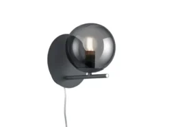 Wandlampe PURE mit Schalter, Kabel und Stecker & Rauchglas Kugel, Höhe 21cm