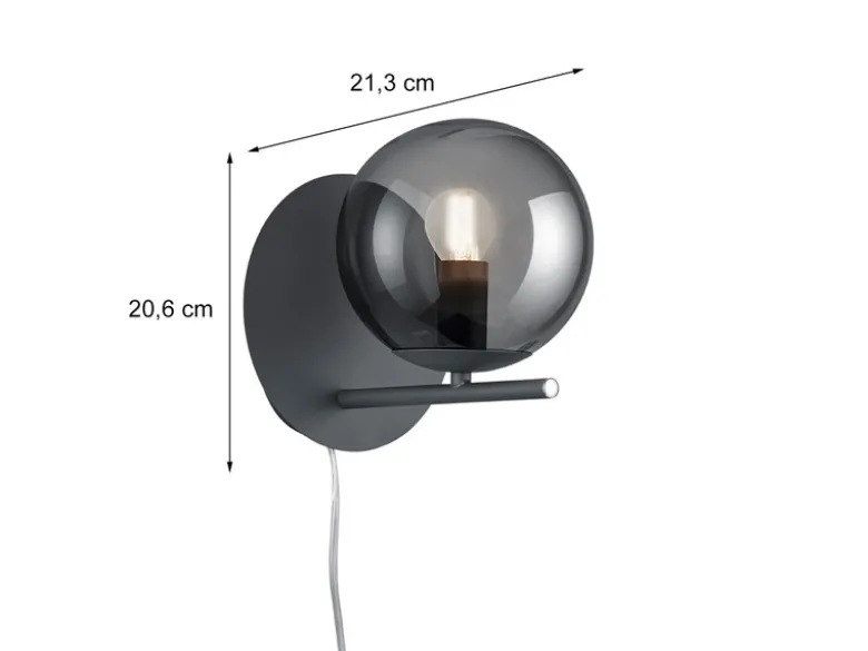 Wandlampe PURE mit Schalter, Kabel und Stecker & Rauchglas Kugel, Höhe 21cm