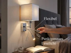 Wandleuchte CAIMA mit Schalter, LED Leselampe & Stoffschirm Grau, Höhe 31cm