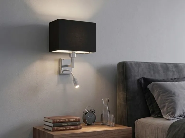 Wandleuchte CAIMA mit Schalter, LED Leselampe & Stoffschirm Schwarz, Höhe 31cm