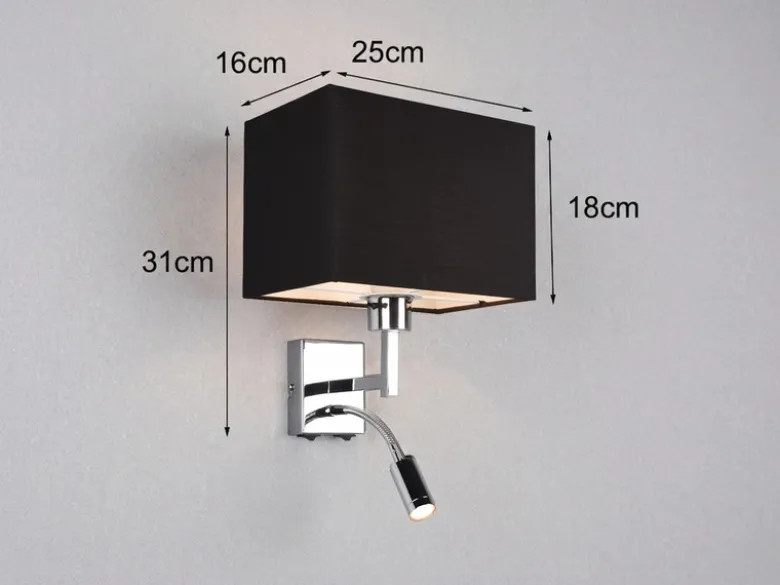 Wandleuchte CAIMA mit Schalter, LED Leselampe & Stoffschirm Schwarz, Höhe 31cm
