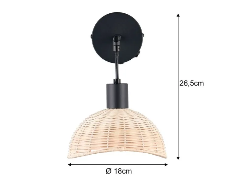 Wandleuchte CALVI mit Schalter & Rattan Lampenschirm, Höhe 26,5cm