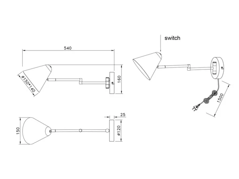 Wandleuchte COSIMA mit Stecker, Schalter und Schwenkarm, Grün, Höhe 16cm