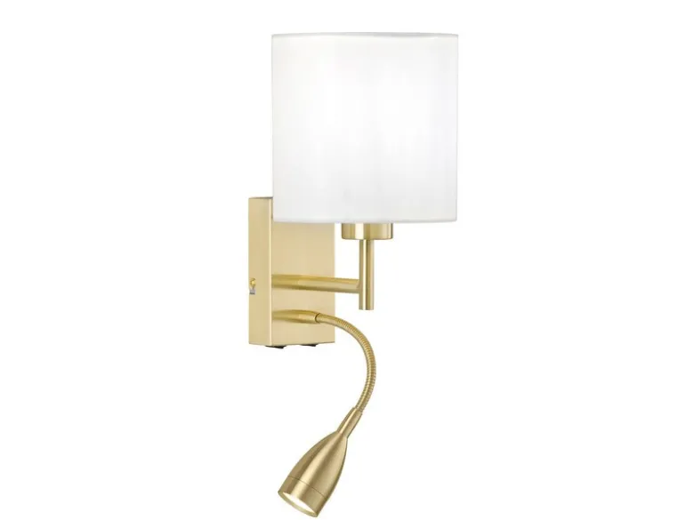 Wandleuchte DREAMER Messing mit LED Leselampe, Stoffschirm Weiß, Höhe 24cm