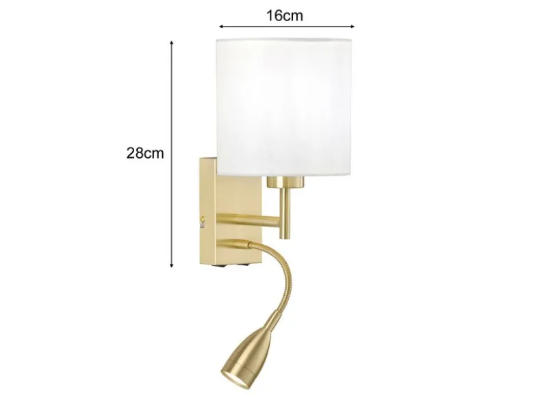 Wandleuchte DREAMER Messing mit LED Leselampe, Stoffschirm Weiß, Höhe 24cm