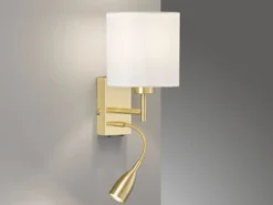 Wandleuchte DREAMER Messing mit LED Leselampe, Stoffschirm Weiß, Höhe 24cm