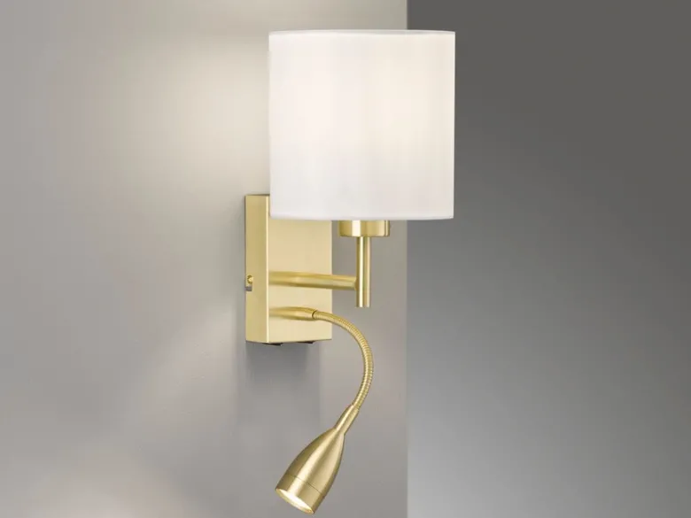 Wandleuchte DREAMER Messing mit LED Leselampe, Stoffschirm Weiß, Höhe 24cm