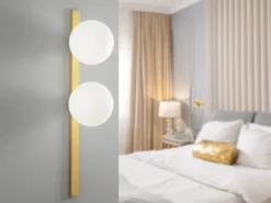 Wandleuchte ENOIRE 2-flammig Gold mit Glaskugeln in Opalweiß, Höhe 60cm