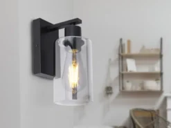 Wandleuchte HADERA mit Rauchglas Lampenschirm Metall Schwarz, Höhe 23cm