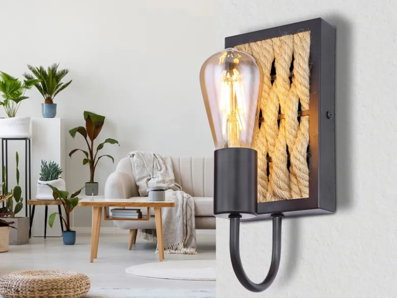 Wandleuchte HALIA I Seillampe mit Korbgeflecht Metall Schwarz, Höhe 28cm