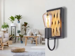 Wandleuchte HALIA I Seillampe mit Korbgeflecht Metall Schwarz, Höhe 28cm