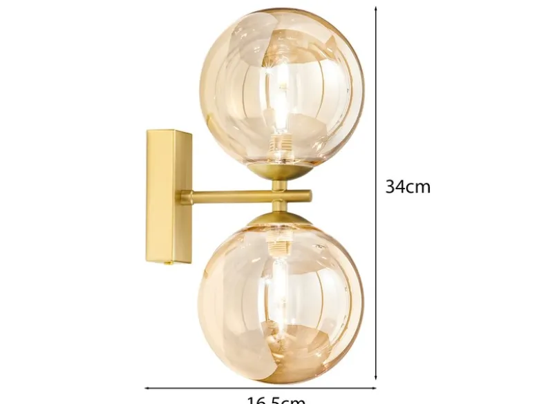 Wandleuchte HONEY 2-flammig Gold mit Glaskugeln in Bernstein, Höhe 34cm