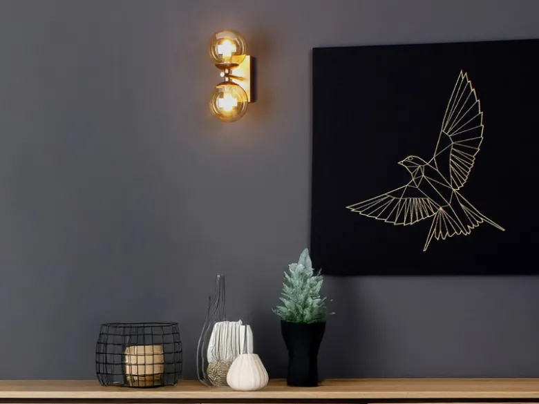 Wandleuchte HONEY 2-flammig Gold mit Glaskugeln in Bernstein, Höhe 34cm