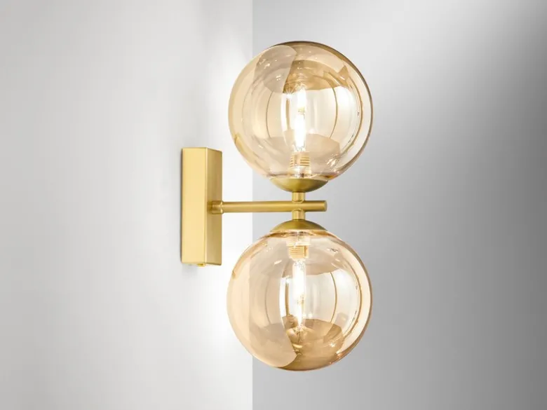 Wandleuchte HONEY 2-flammig Gold mit Glaskugeln in Bernstein, Höhe 34cm